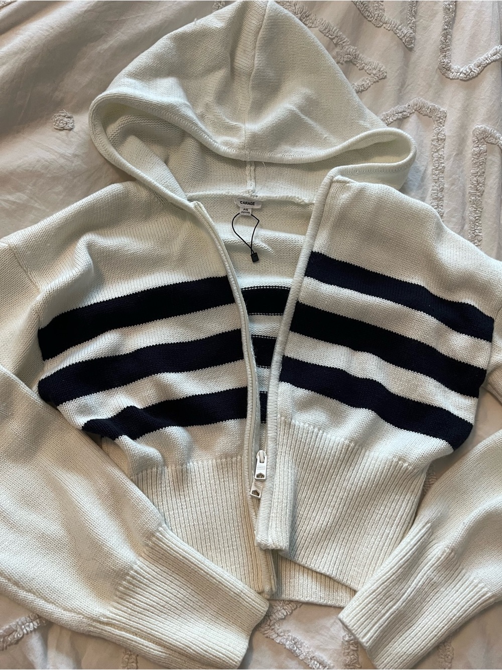 Garage Cream Hooded Zip Cardigan with Navy Stripes